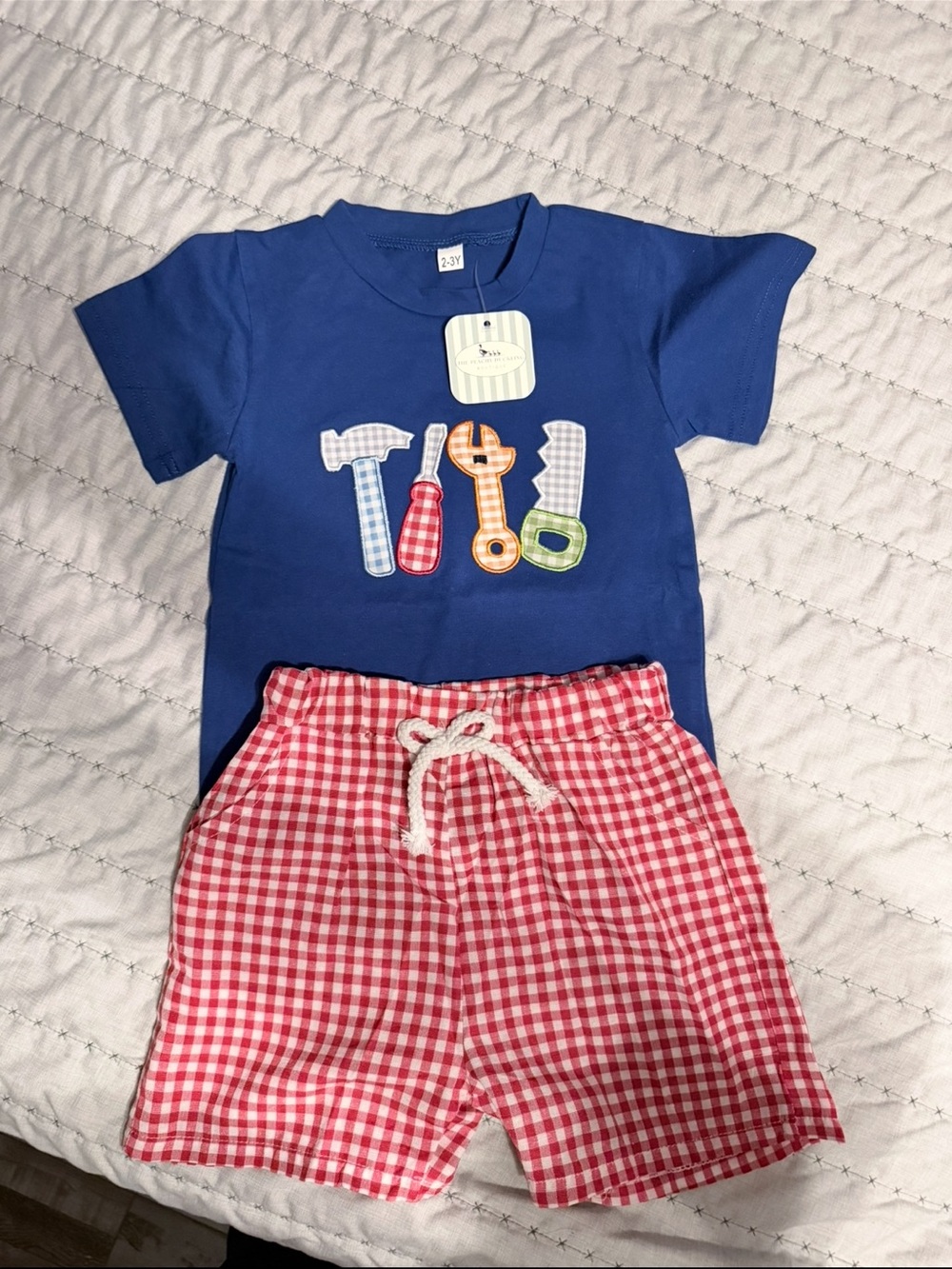 Boys Blue Tool Graphic Set with Red Gingham Shorts